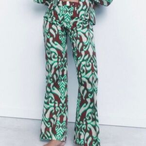 ZARA Cotton Printed‎ Green Cream Brown Pants Size M NWT